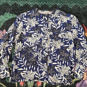Escada Navy and Cream Leaf Print Silk Blouse Size 36